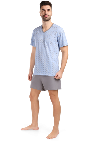 Pánské pyžamo Jakub - šedé čárky na modrém