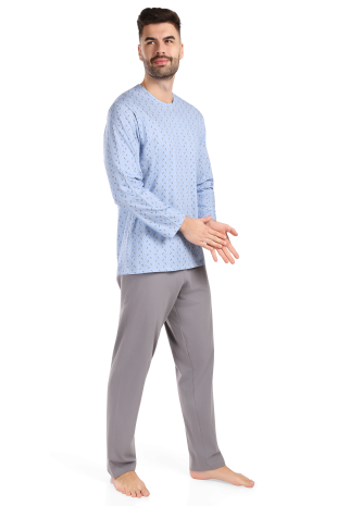 Pánské pyžamo dlouhé Emil - šedé čárky na modrém