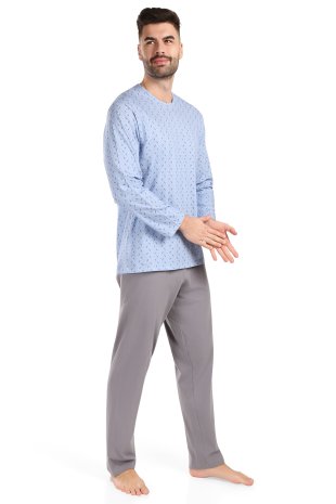 Pánské pyžamo dlouhé Emil - šedé čárky na modrém