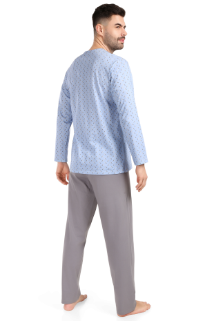 Pánské pyžamo dlouhé Emil - šedé čárky na modrém